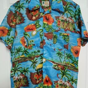Retro Men's Polyester Tropical Floral Hawaiian Hibiscus Button-Up Shirt Blue